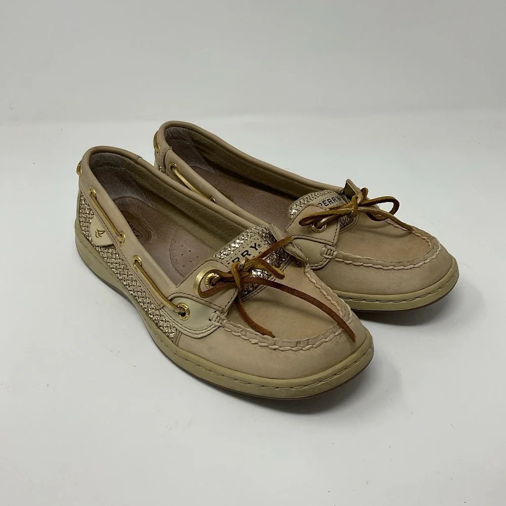 Sperry Top Sider Boat Shoes Womens‎ 7.5 Tan Gold Glitter Angelfish 9101759